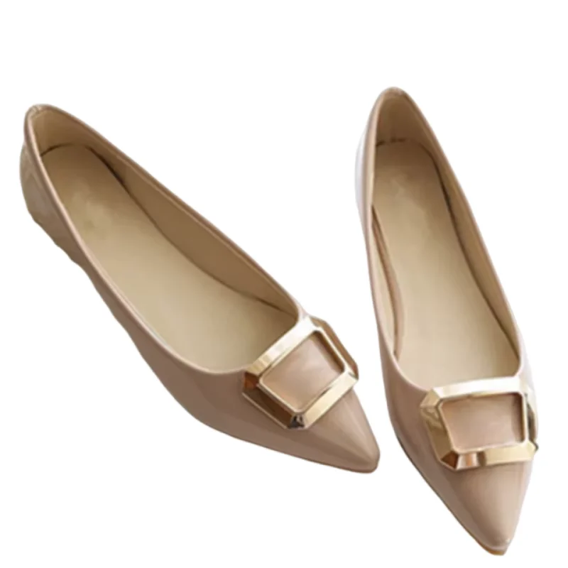 Female Vintage Pointy Toe Plus Size 33-48 Flat Heels Women Metal Buckle Slip-Ons For Party Stiletto Lovely Shoes Grey Red Beige
