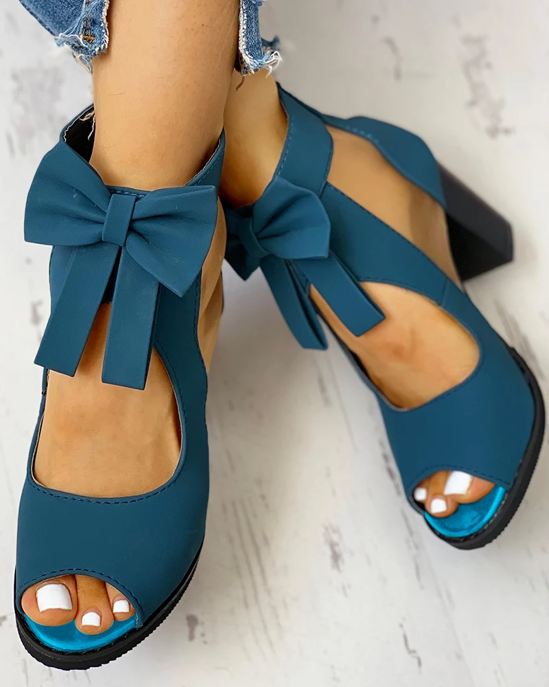 

Peep Toe Mesh Insert Bowknot Chunky Heeled Sandals