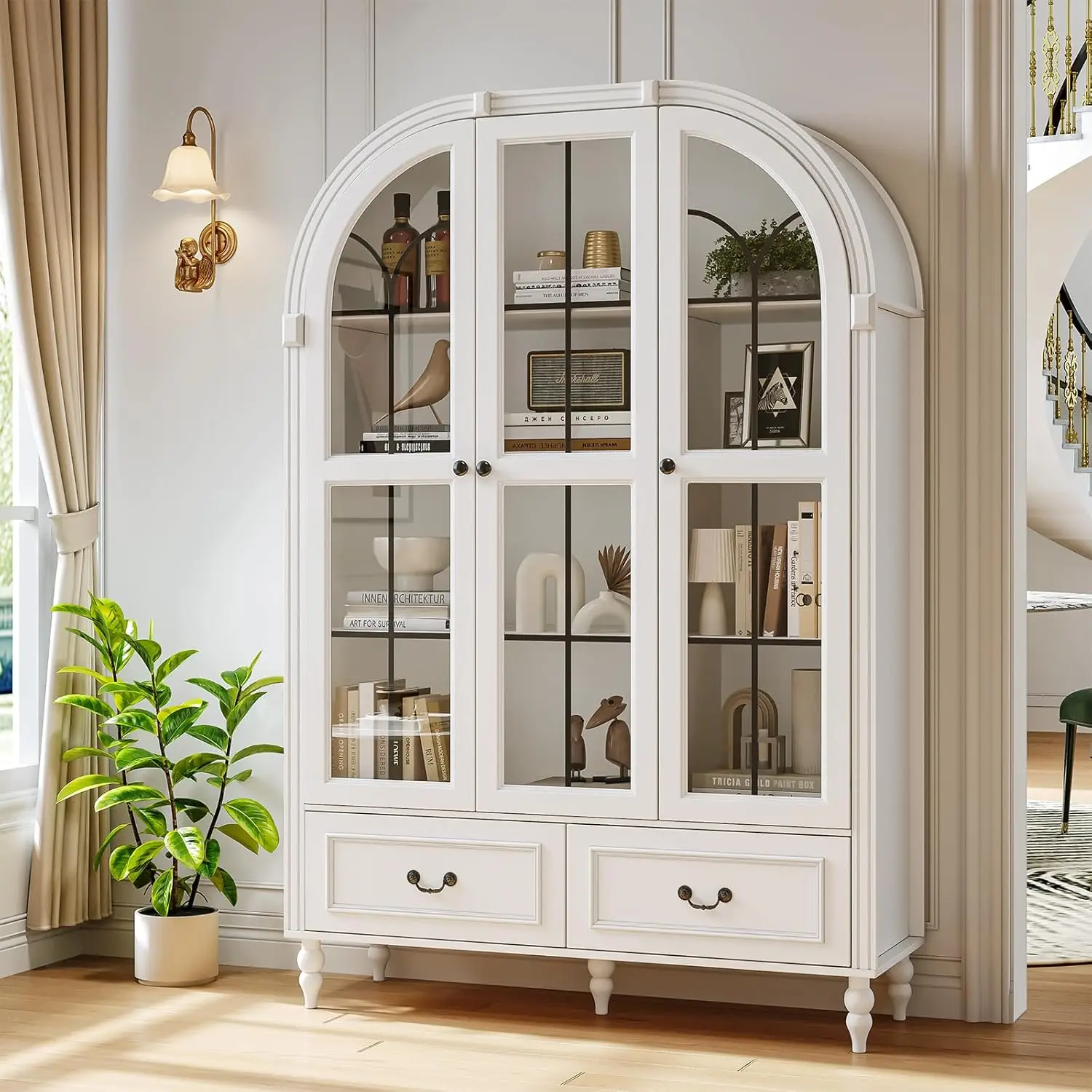 

Высокий арочный кухонный шкаф-кладовка 70,8 дюйма, большой деревенский шкаф для хранения с стеклянными дверцами, витрина, дерево, на заказ