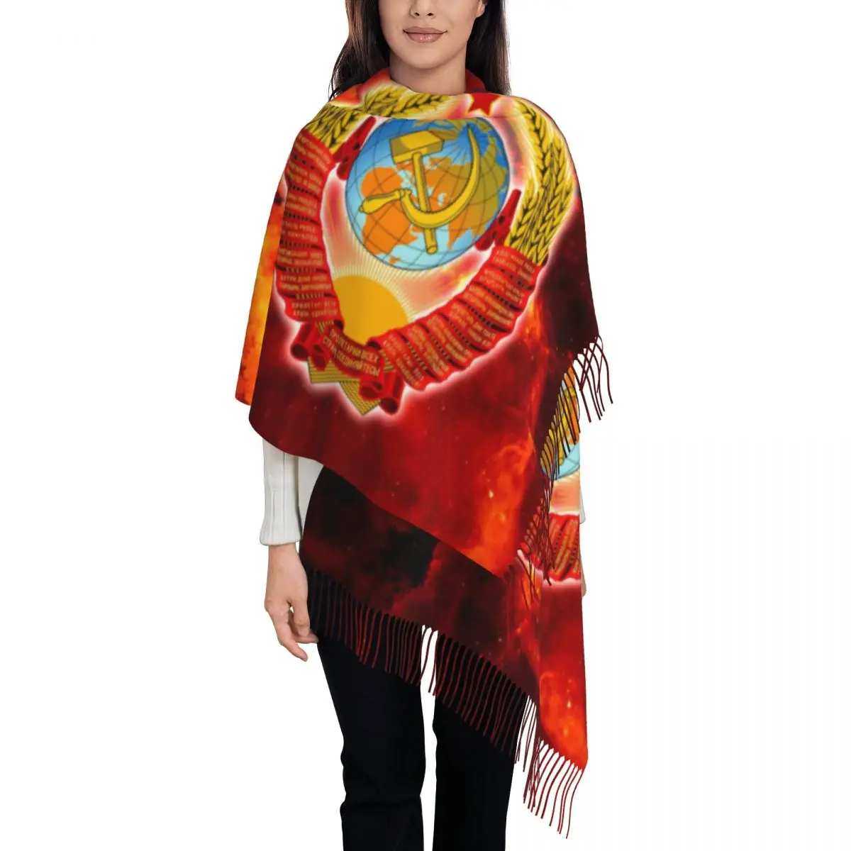 Custom USSR Soviet Union Socialism Tassel Scarf Women Winter Warm Shawl Wrap Female CCCP Coat of Arms Scarves