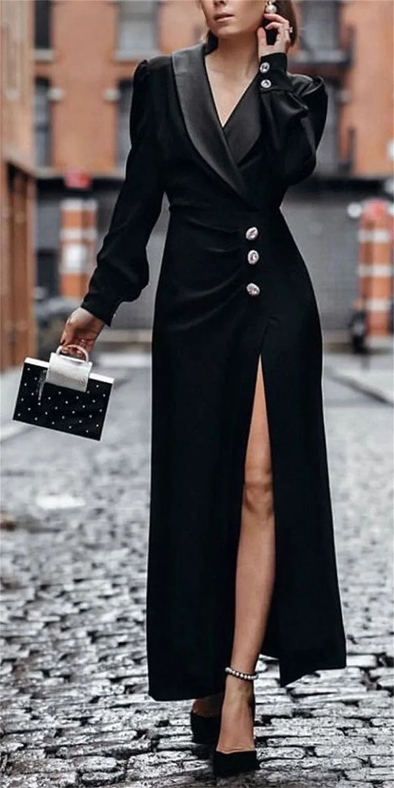 Black Cotton Women Suit Blazer Maxi Prom Dress Satin Lapel Formal Office Coat Jacket Sexy V Neck Wedding Party Gown Customized