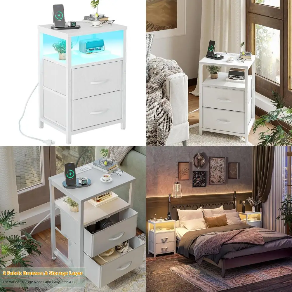

Белый прикроватный столик с тканевыми ящиками и LED-подсветкой для небольших помещений