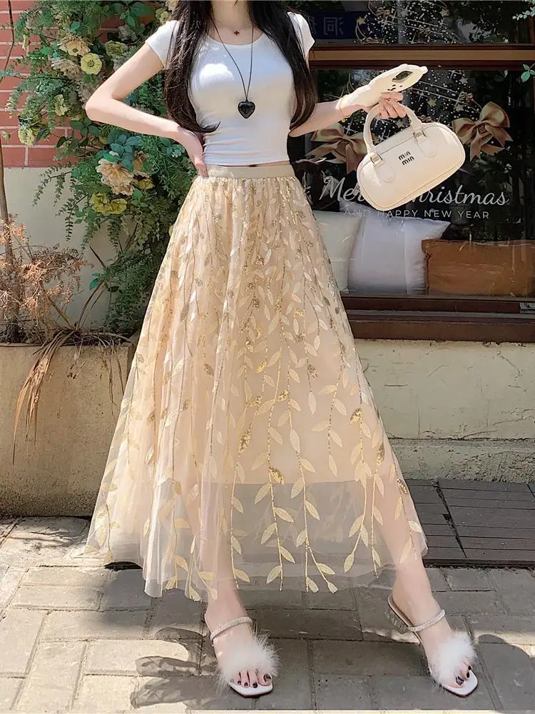

Vintage Women Beige Mesh Embroidery High Waist Pleated Long Skirt Summer Elegant Versatile Vacation Party Skirt 2025 Streetwear