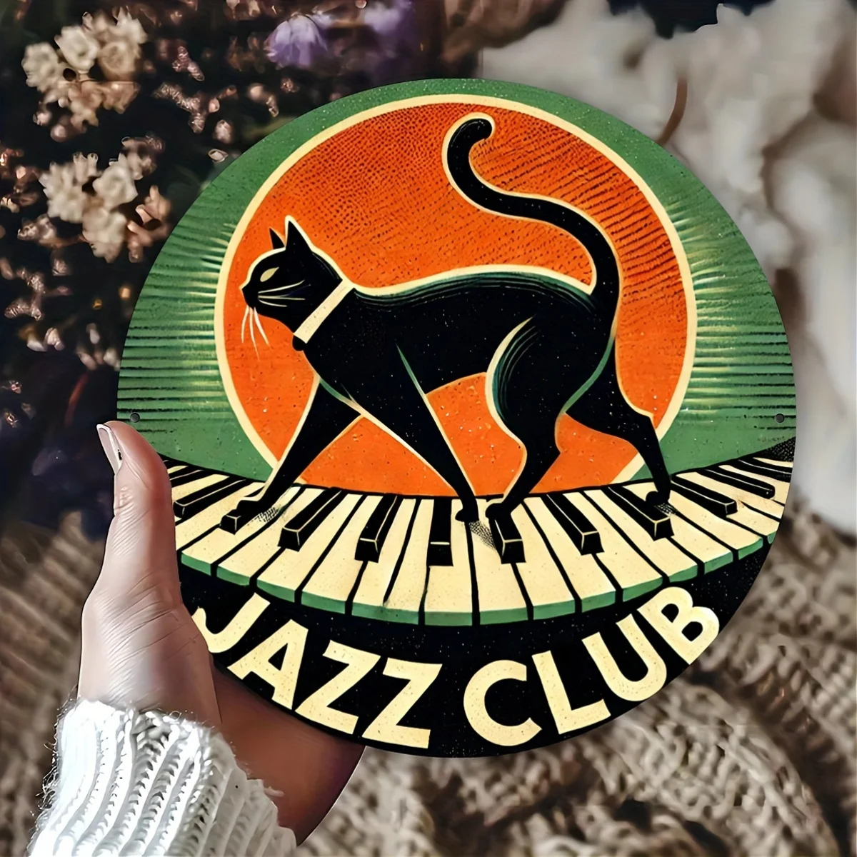Vintage Jazz Club Aluminium-Wandkunst – 7,8 Zoll schwarze Katze auf Klavier-Design – dekoratives Metallschild für Zuhause, Bar, Café, Garage, Garten