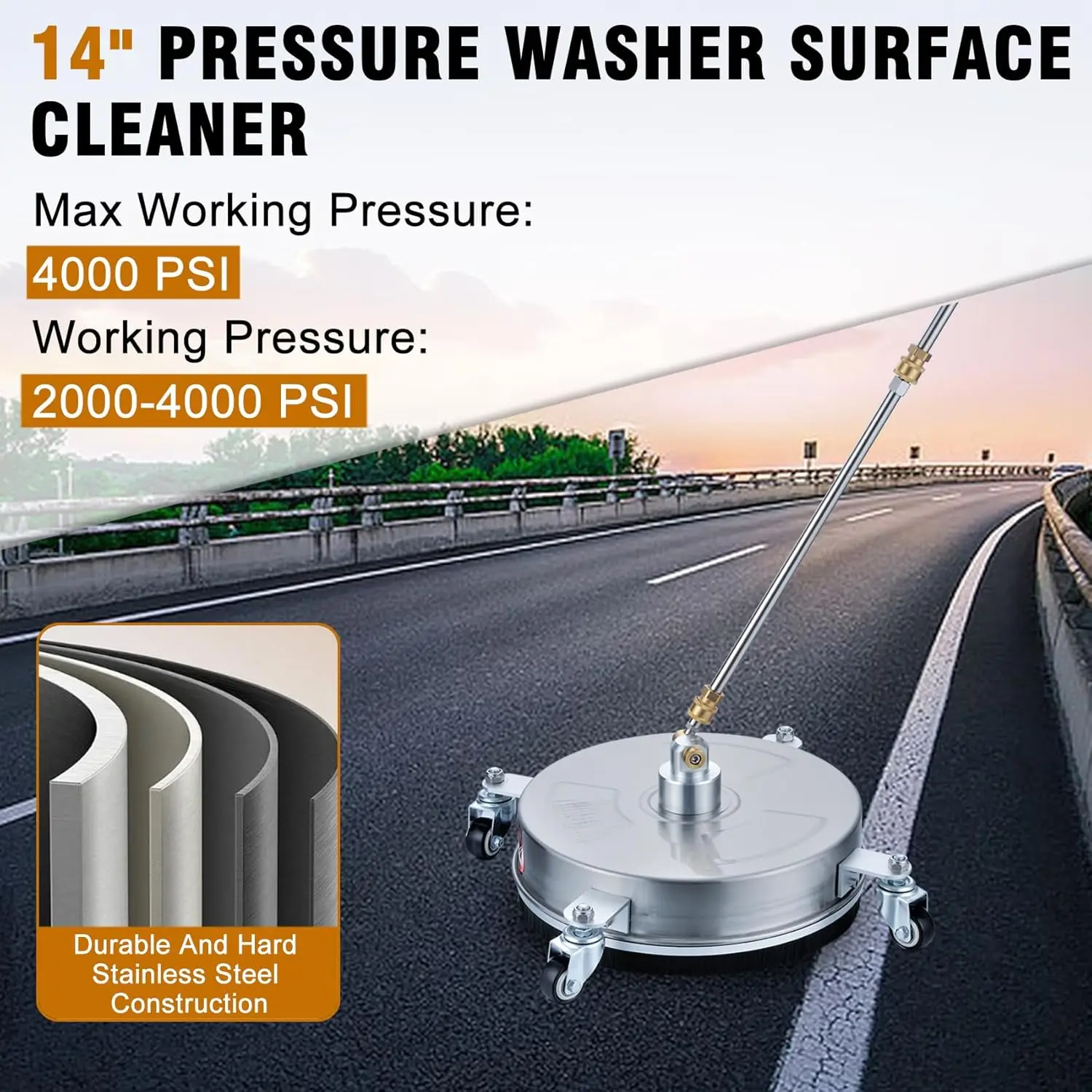 14フィート高圧洗浄機用表面洗浄機、ステンレス製、4輪付き、コンクリート、パティオ、歩道用ターボ＆7ノズル