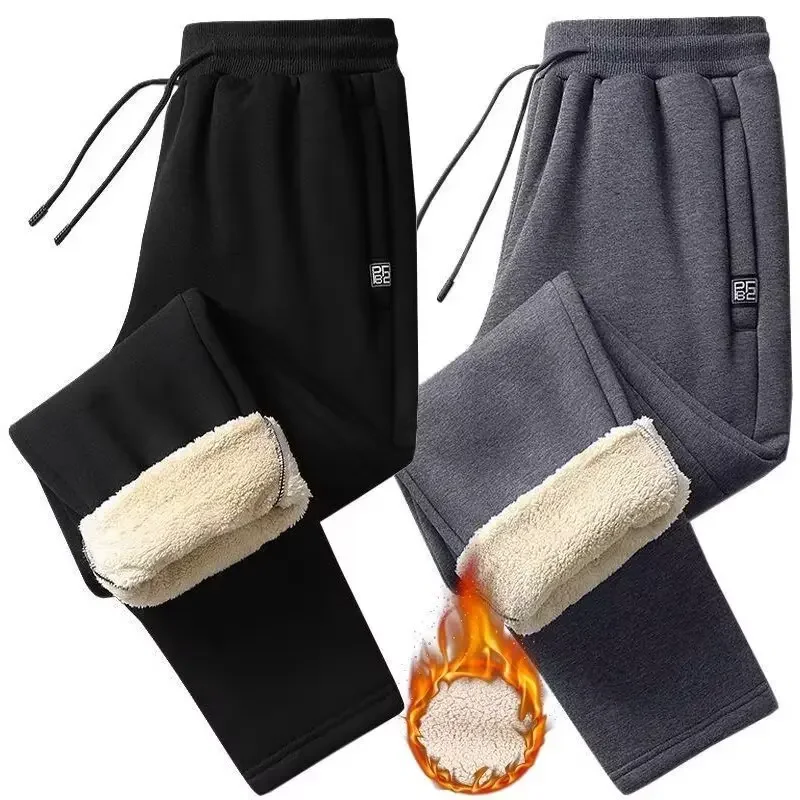 Autumn Winter Men's Fleece-Lined Casual Pants Thickened Pocket Zip-Up Plus Size Loose-Fit Hide Fat Warm Ankle Pants