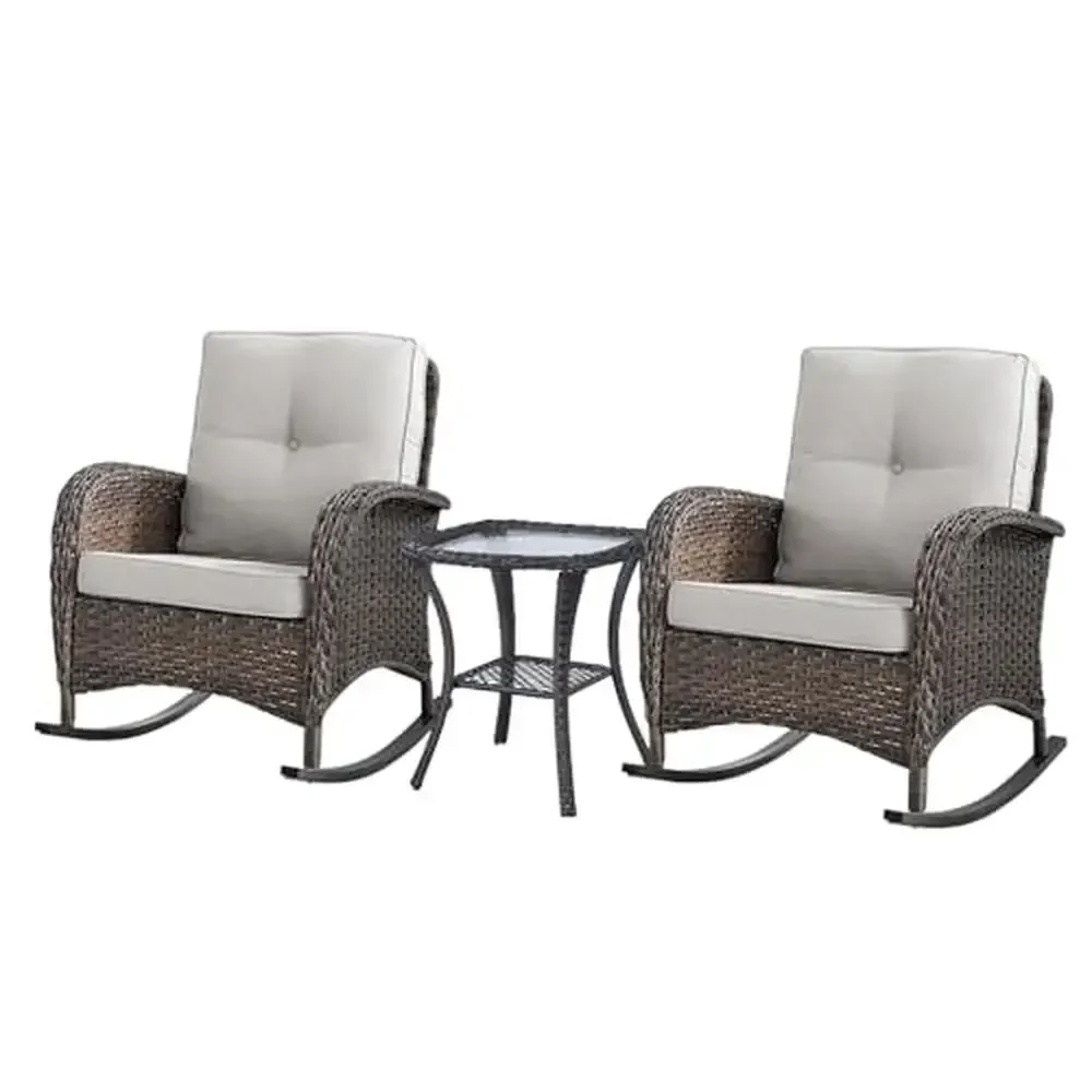 3 Piece Outdoor Wicker Rocking Chair Set with Tempered Glass Table High Back Support and Comfortable Cushions Easy Maintenance