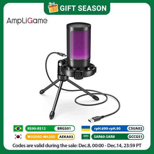 AmpliGame by FIFINE RGB micrófono para juegos USB con sonido táctil, micrófono condensador con trípode para PC, PS4/5, portátil Streaming-A2