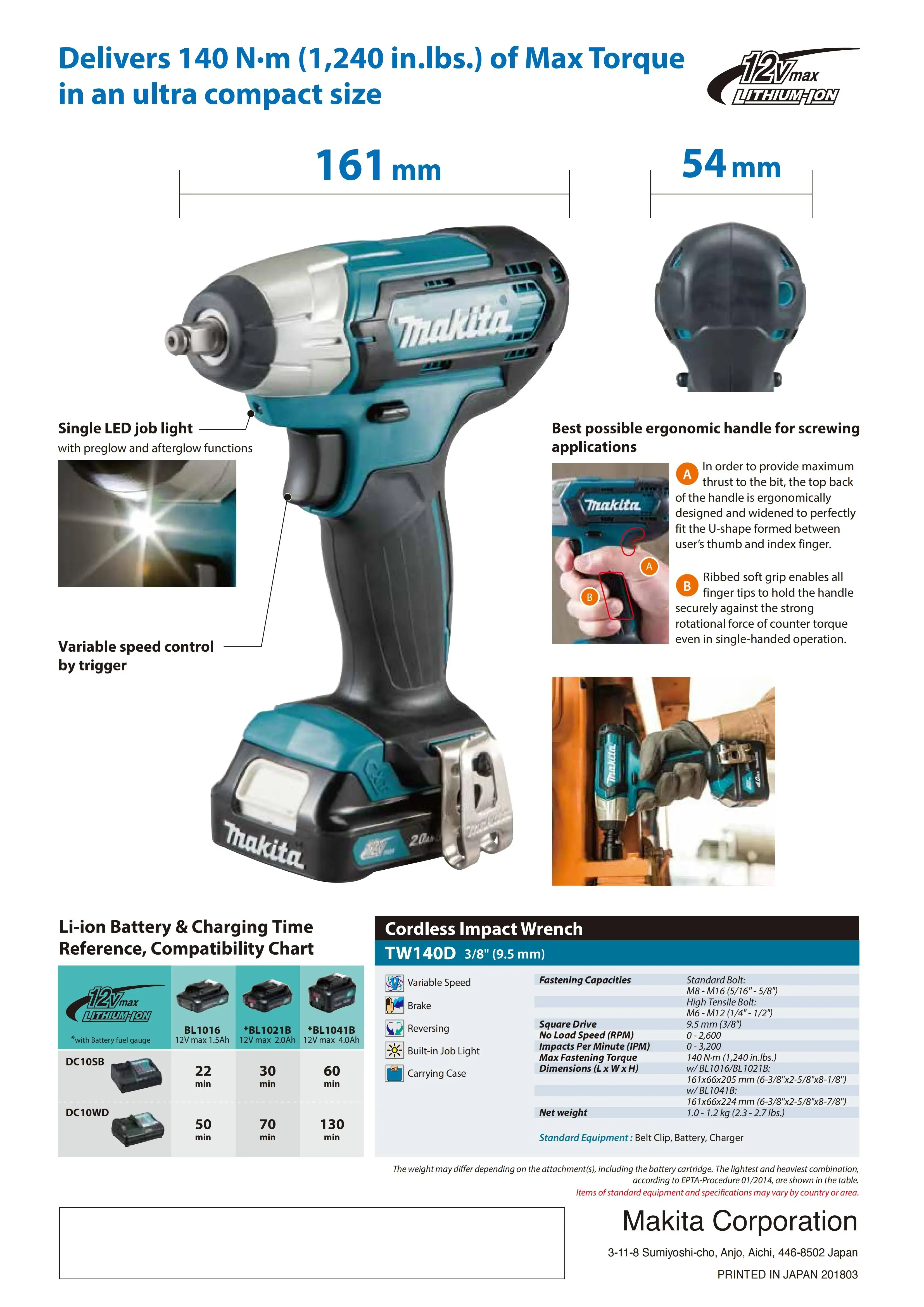 Makita TW140DZ Cordless Compact Impact Wrench 12V Lithium Power Tools 140NM Auto Industry Repair Tools