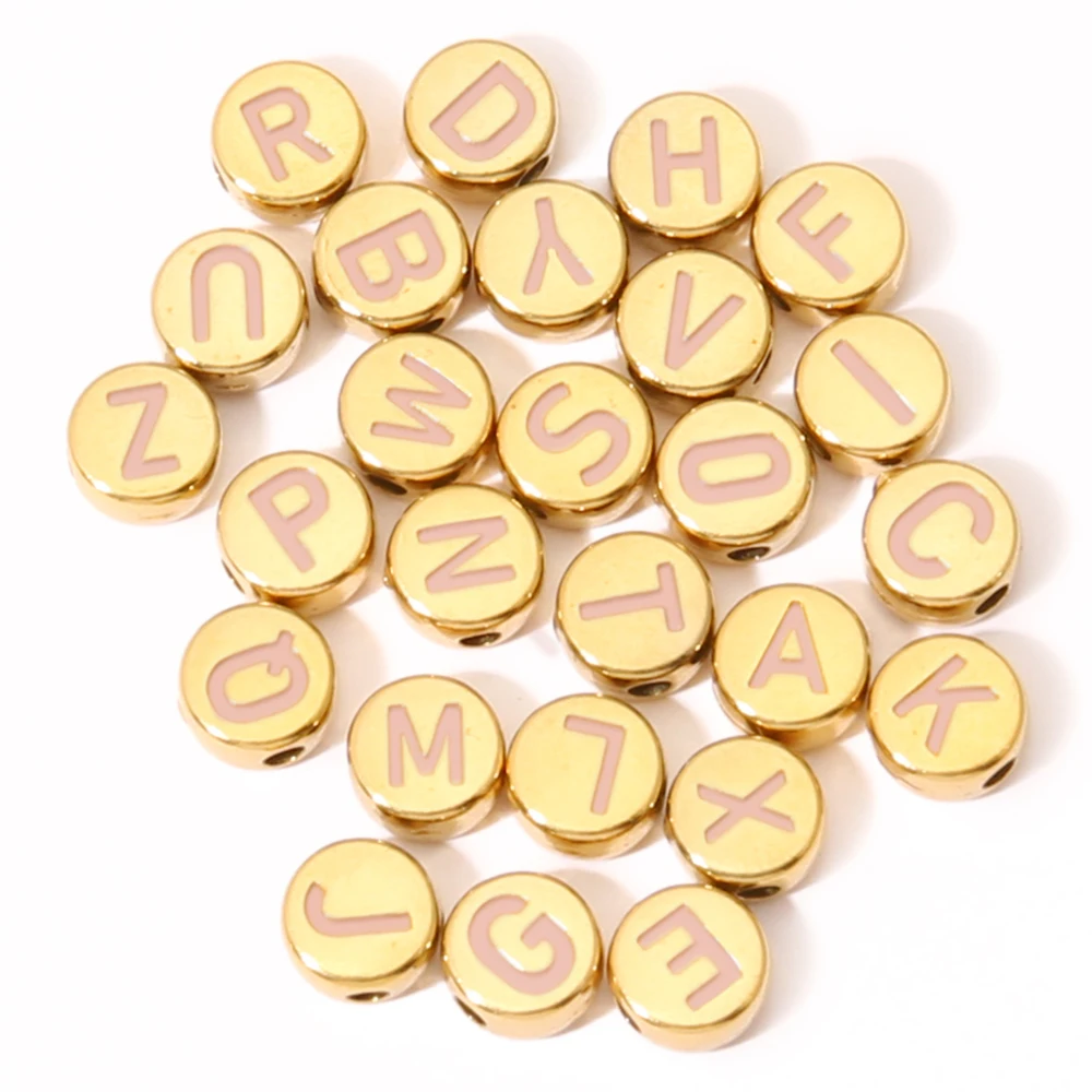 3pcs Stainless Steel Circular Drilling Pink Letter Bead Pendant Findings 18K Gold Plated For DIY Jewelry Making Accessories