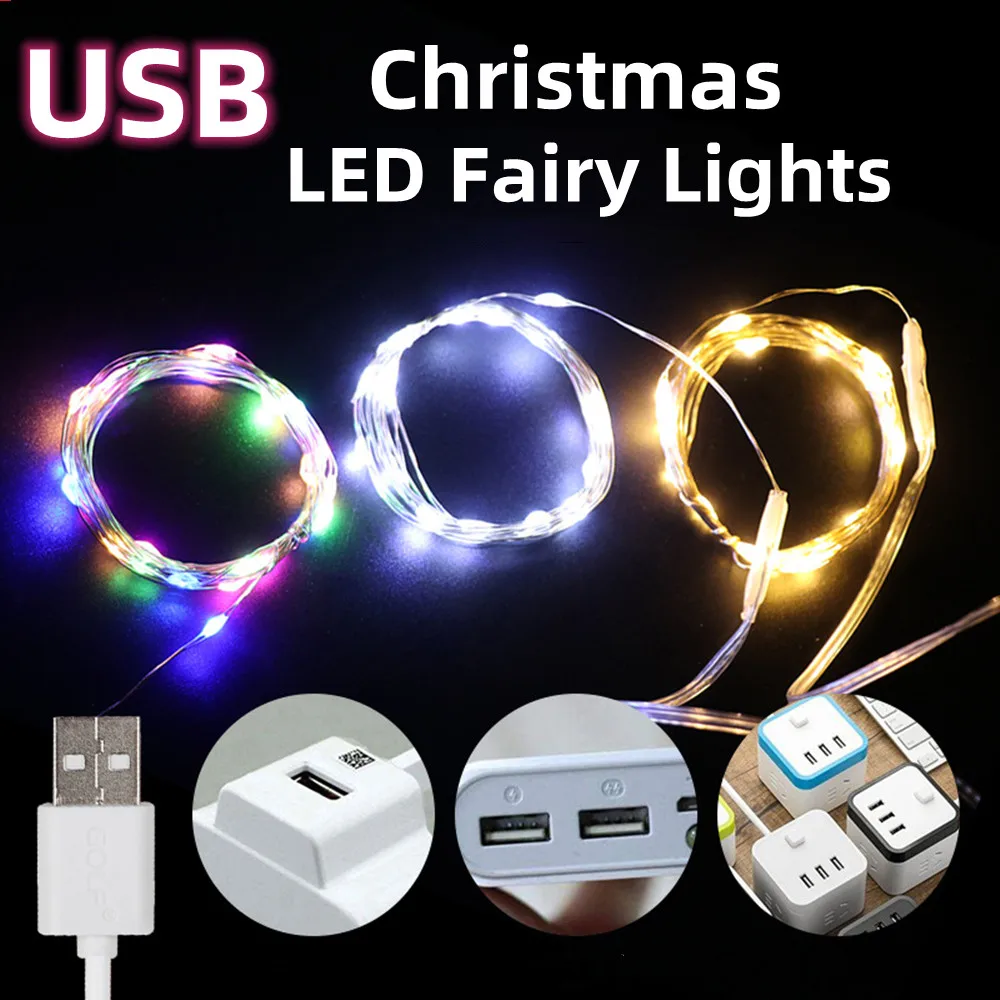 USB girlanda żarówkowa LED lampki 1M 5M 10M 100LEDs Sliver drut miedziany ślub Garland festiwal Party Decor Christmas Gift wodoodporna