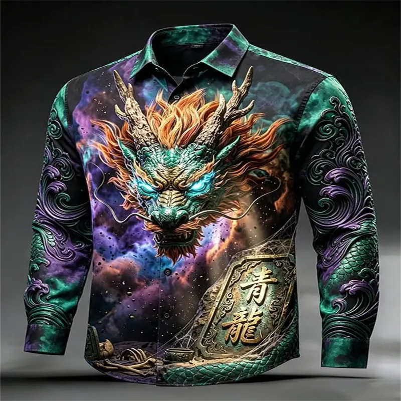 New Long Sleeve Shirt Yellow Green Golden Dragon Xuanwu National Style Printed Xiangyun Pine Tree Men's Top