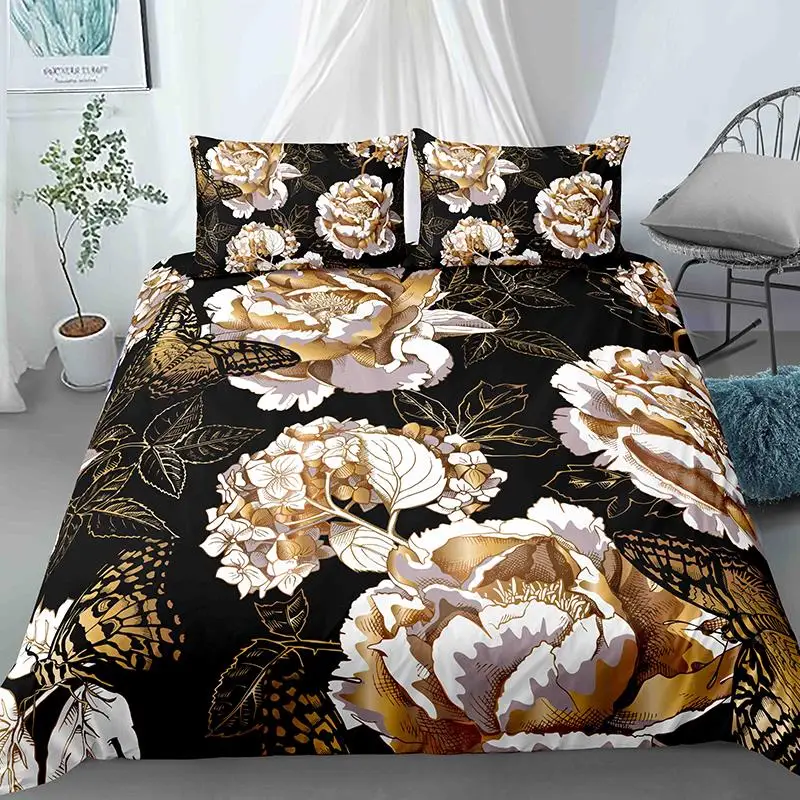 Luxury 3D Colorful Flowers King Queen Double Duvet Cover Floral Bedding Set Women Quilt Cover Black Comforter Cover