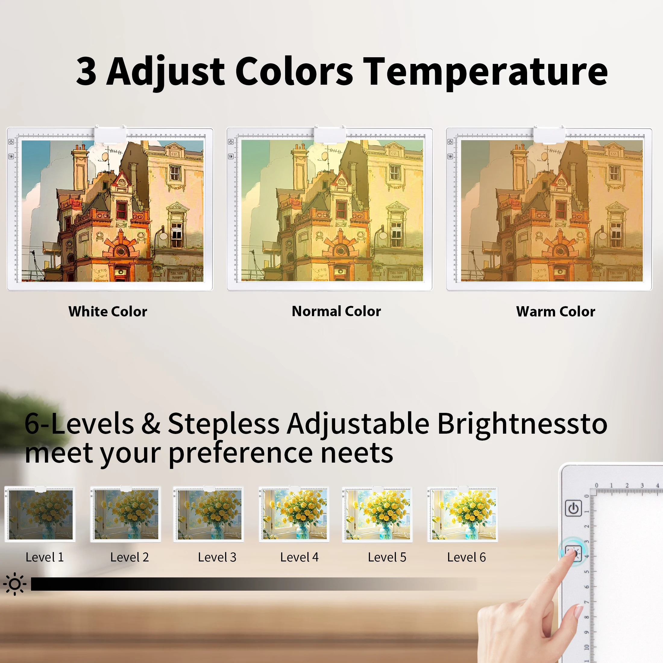 A3 Rechargeable Light Pad, 2500mAh Battery Powered Light Board with Stand Top Magnetic Clip 3 Colors Stepless Dimmable 6