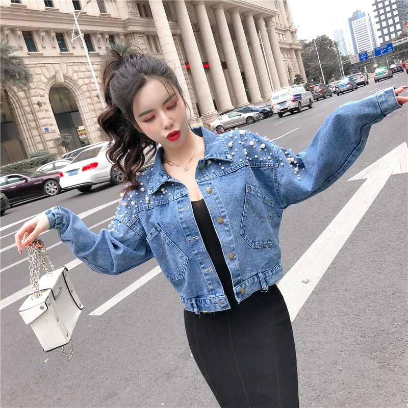 Spring Jacket Women Beaded Denim Coat New Korean Loose Long-sleeved Single-breasted Blue Jeans Jacket Female Windbreakers J205