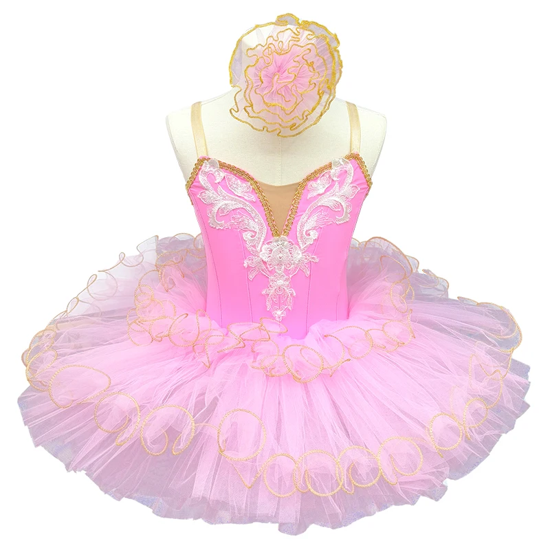 

Girls' Pink Ballet Tutu Dress with Gold Trim and Matching Headpiece, Embroidered Bodice, Spaghetti Straps, for Dance Performance