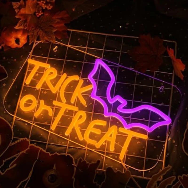 Letrero de neón para truco o trato, decoración de pared regulable con USB para ventana, fiesta de Halloween, letrero de neón colgante para murciélago, Bar, salón, cafeterías, porche