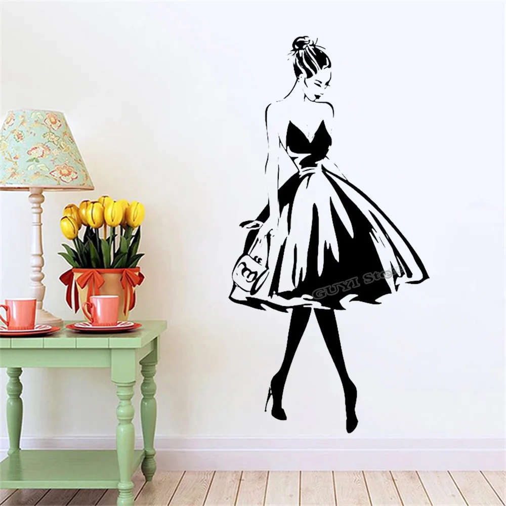 Autocollant mural en vinyle avec visage de femme, style tendance, boutique de vêtements, conception de robe, décalcomanie, salon de beauté, affiche décorative, vitrine, A519