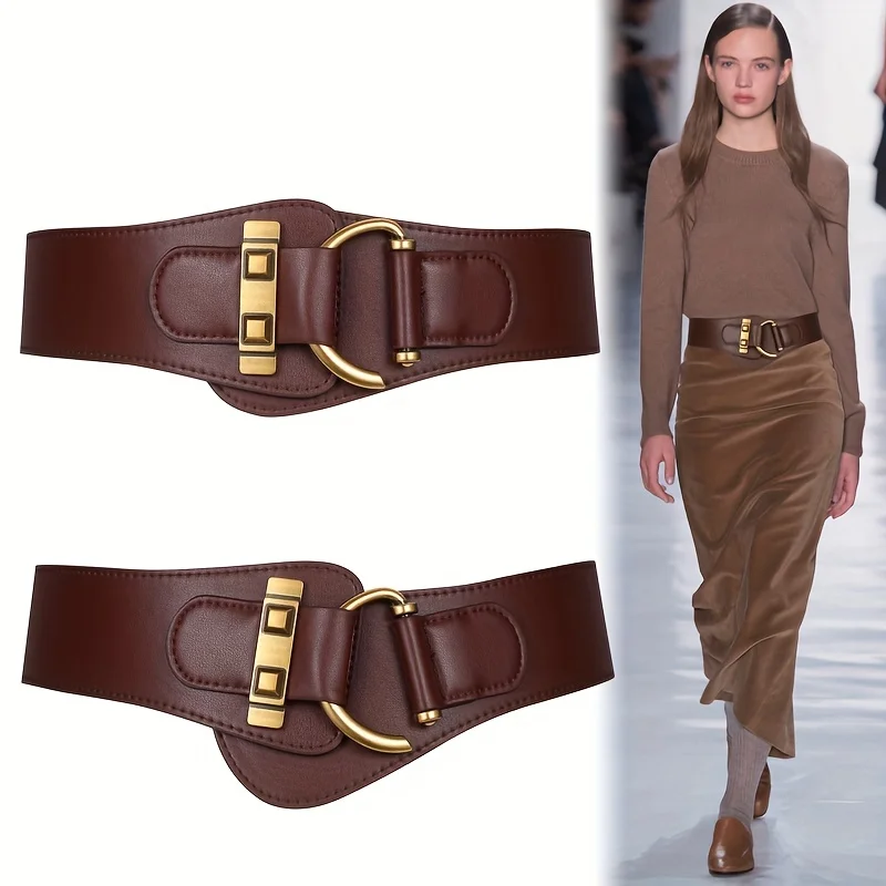 Genuine Leather Wide Belts Classic Golden Buckle Elastic Waistband Trendy Solid Color Dress Coat Girdle For Women