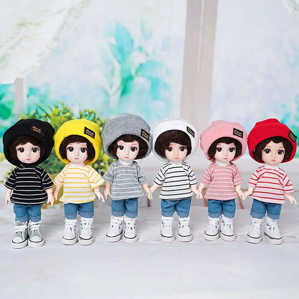 17cm Doll Clothes Set Fashion Tops Striped T-shirt Jeans Pants Knitted Miniature Hat For 1/8 Bjd Doll Dressup Ob11 Clothes Toys