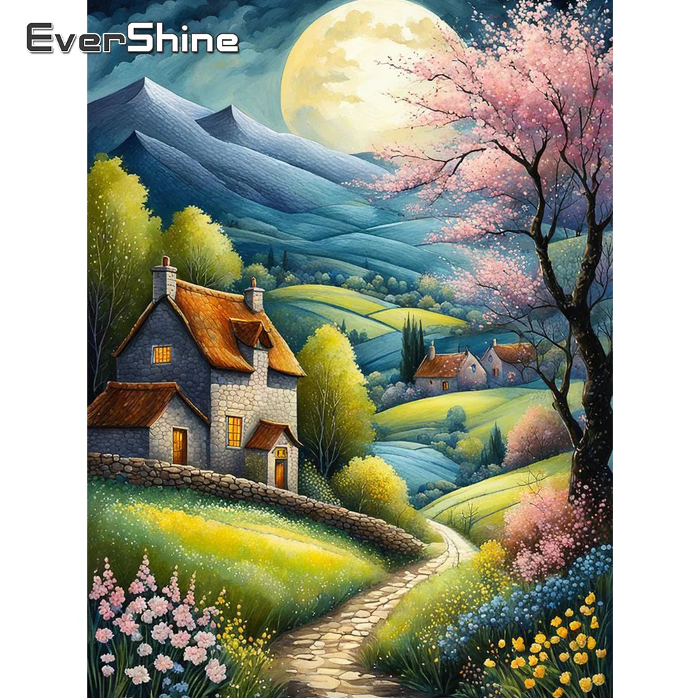 Evershine Haus Diamant Malerei Landschaft Baum Voll Platz Runde Straße Mosaik Mond Bild Strass Stickerei Wohnkultur