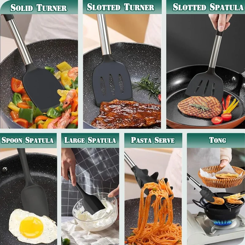 43 pcs Heat Resistant Kitchen Utensils, Black Kitchen Gadgets Set with Stainless Steel Handles Non-Stick Cookware
