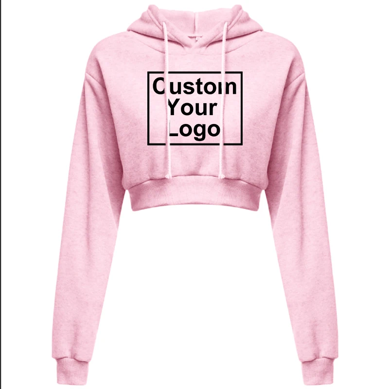 Fashion Women‘s Custom Your Logo Sexy Casual Long Sleeve Hooded Short Sweatshirt Plain Crop Tops Pullover Hooded Sweatshirt