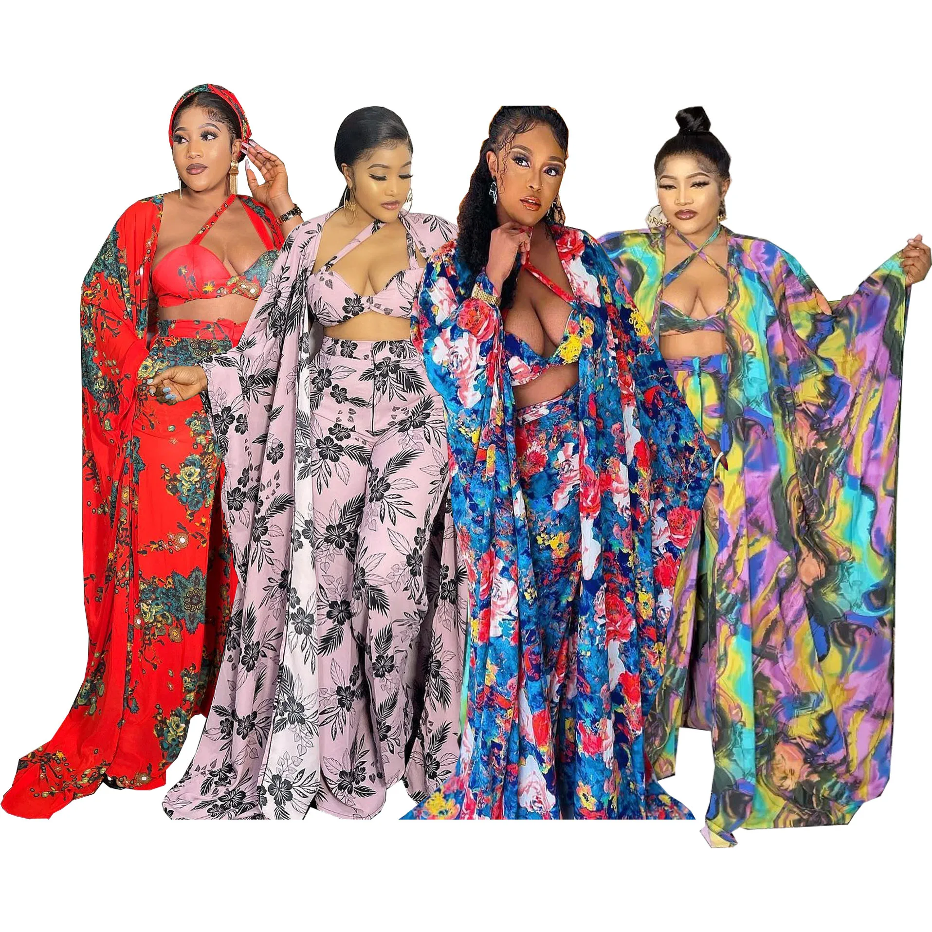 Chic 4 Piece Matching Sets European American Sexy Print New African Abaya Design Bra Top+Pants+Cape Coat+ Scarf Women Suit Dress