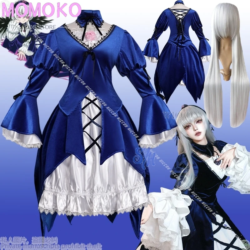 

Rozen Maiden Sui Gin Tou Mercury Lamp Cosplay Anime Costume Goth Retro Deep Blue Lace Cake Dress Flower Lolita Wigs Halloween