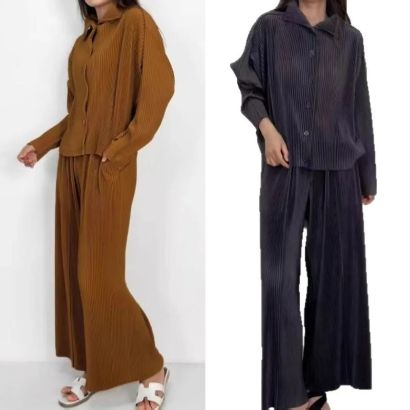 

Miyake Pleated Pant Sets Women 2025 Minimalist Design Fall New Plisse Casual 2-Piece Set Loose-Fit Elegance Complete Ensemble
