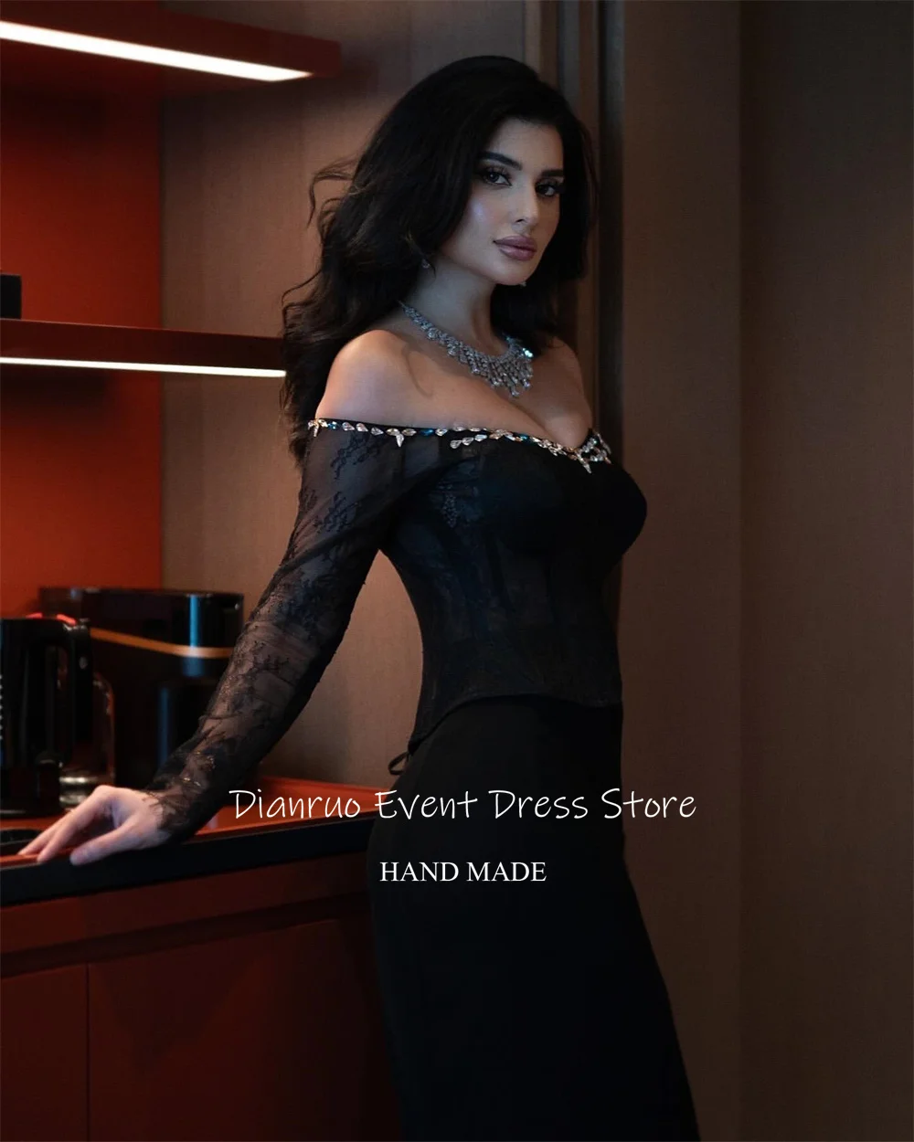Dianruo Glitter Crystals Mermaid Evening Dress Off Shoulder Formal Vestido Festa Appliques Lace Abiti Da Cerimonia Customized