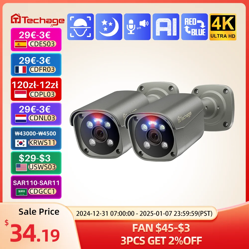 Techage 4K 8MP PoE Outdoor Two-way Audio Bullet IP Camera H.265 Surveillance System ONVIF Motion Detect Email Alert XMeye