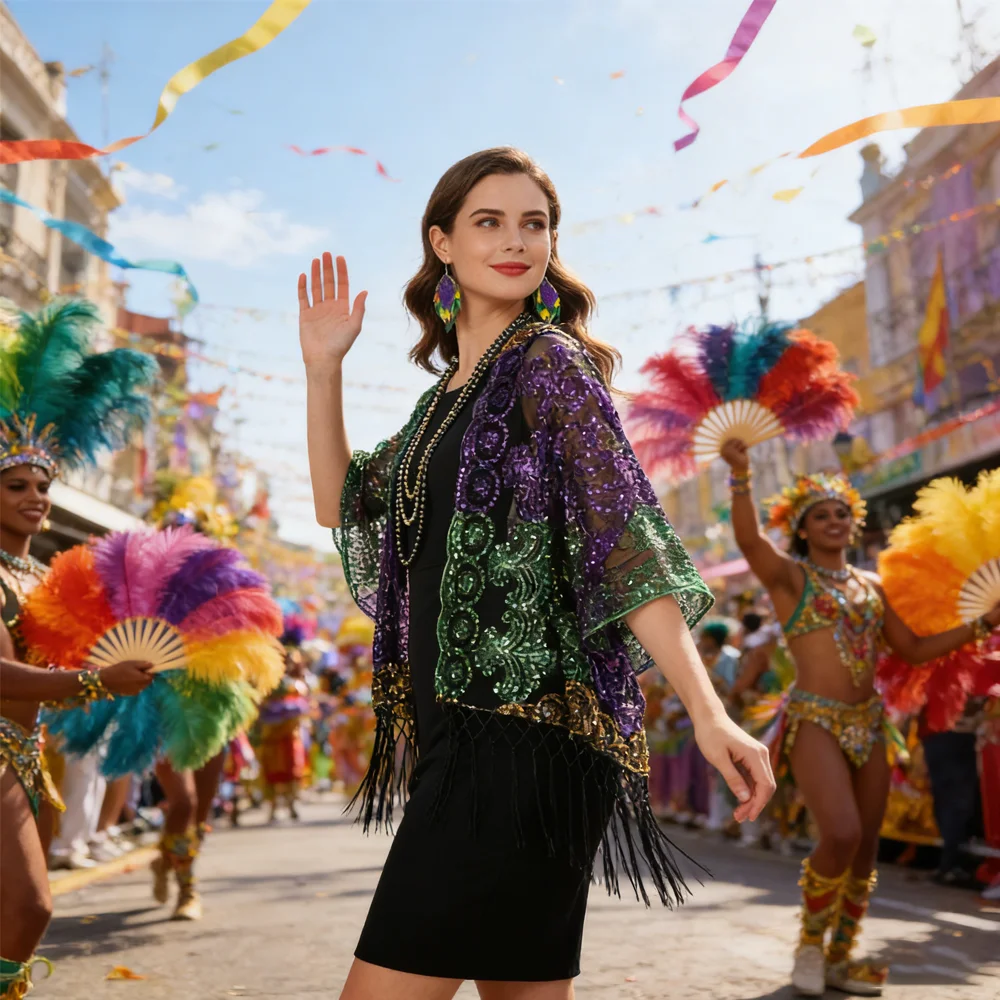 PESENAR Zestaw akcesoriów damskich na Mardi Gras: cekinowa chusta, kolczyki, naszyjnik z koralików, kostium na imprezę