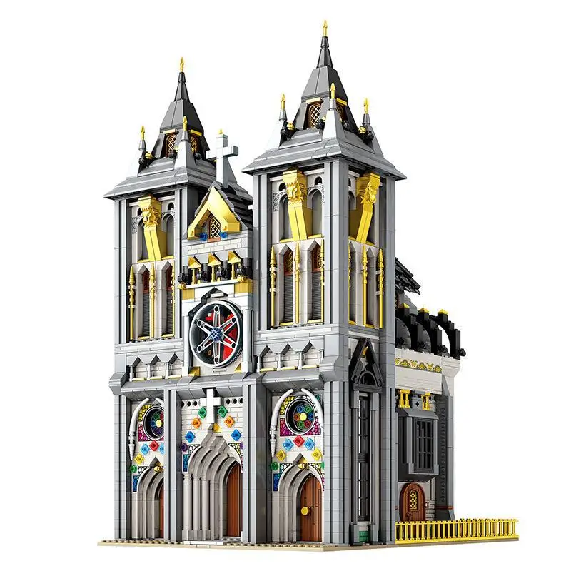 Reobrix66027 medieval church street view building model decoration blocks adult educational toy