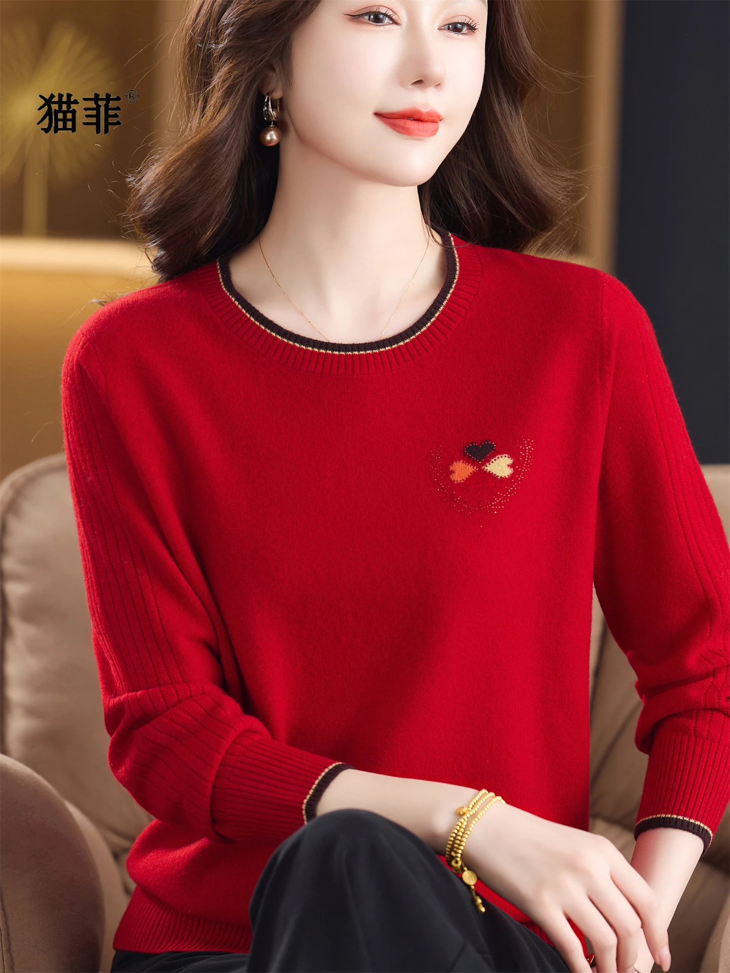 

Autumn Winter Women's Red round Ne Knitted Sweater Full Wool Casual Long Sve Embroidered Base irt Faionable Loose Fit