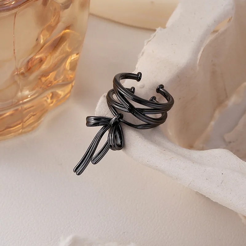 

Серебряное кольцо без застежки с бантом и лентой, матовое, элегантное, черное, многослойное, для женщин, ювелирное изделие, подарок, оптовая продажа, дропшиппинг