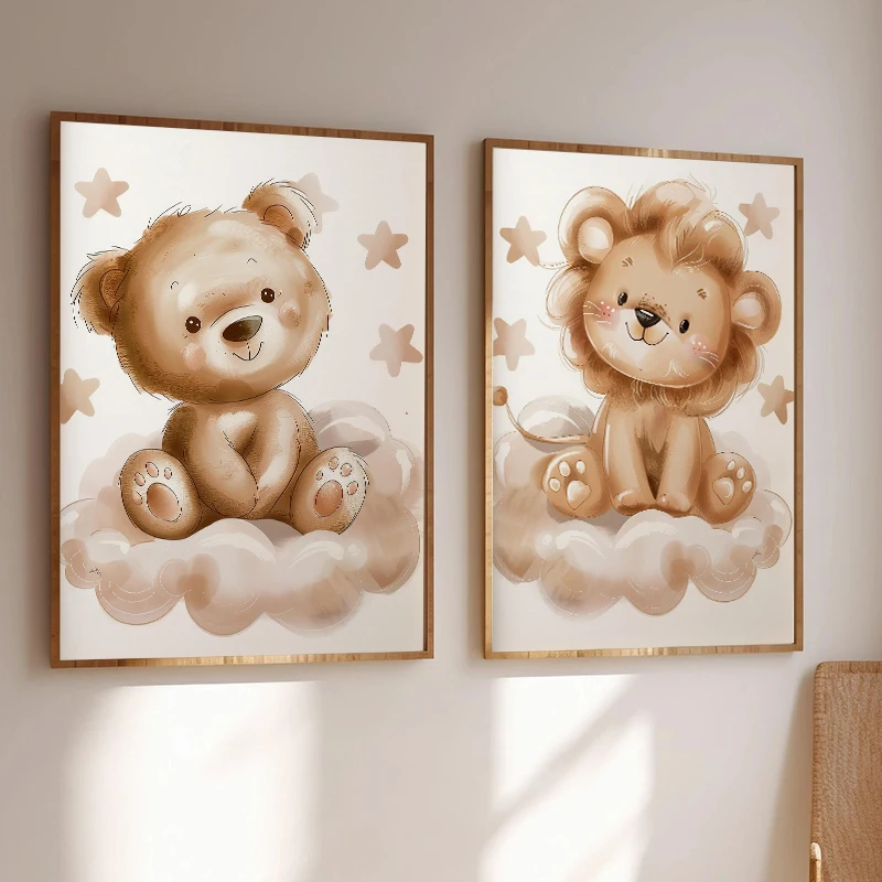 Baby Lion and Bear Sitting on Clouds Bunny and Fox  Balloons Moon Star Poster Canvas Painting Print Wall Art Nursery Home Decor