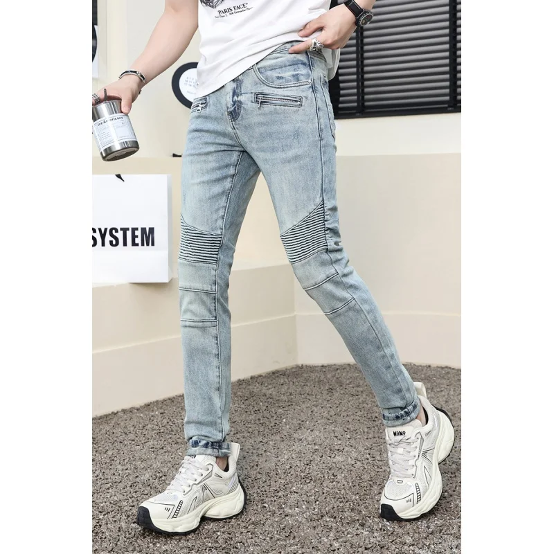 Motorcycle Jeans Men's Retro Light Blue Fashion Men's Clothing Street Cool Pleated Slim Fit Patchwork Tappered Pants