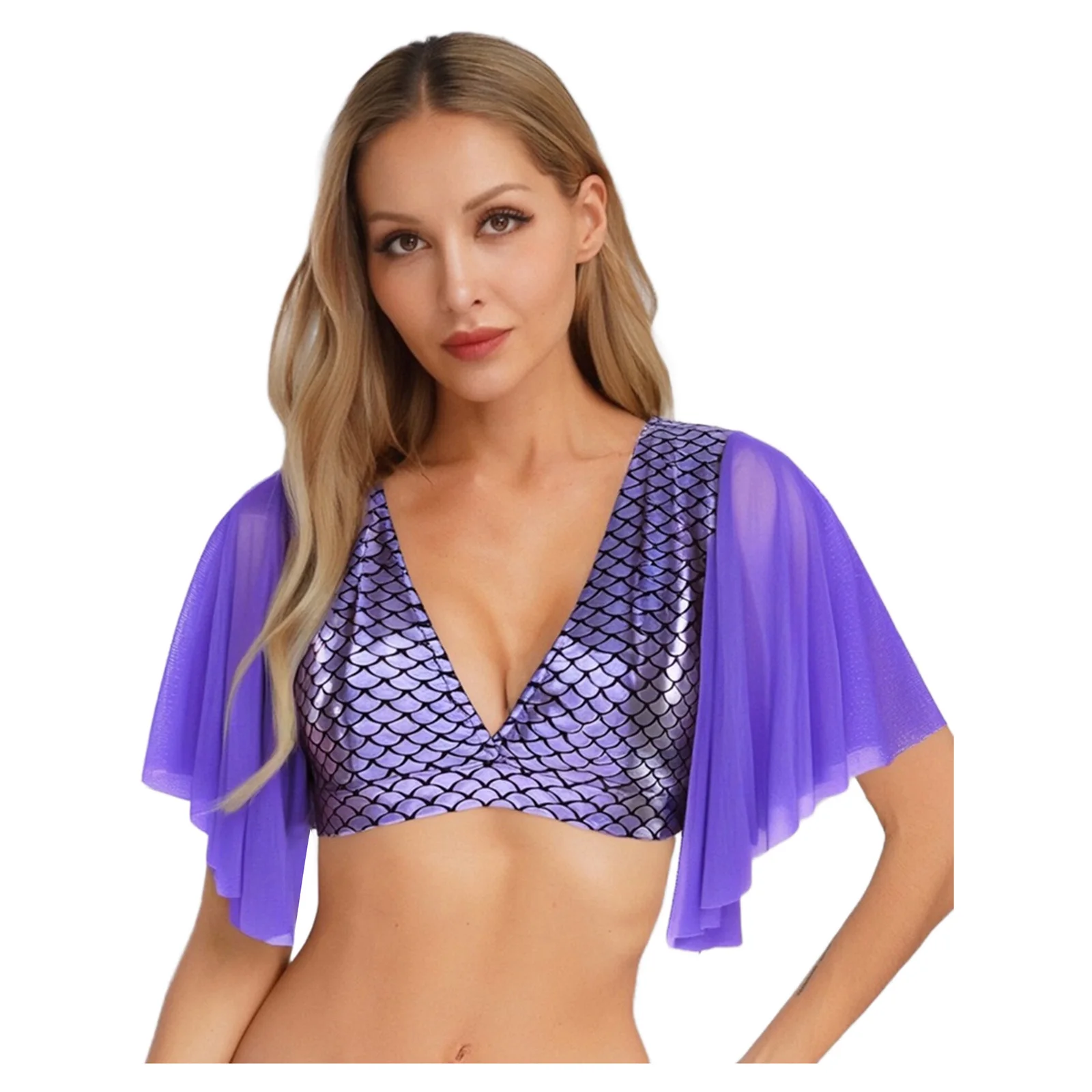 

Women Mermaid Fish Scale Print Crop Tops V Neck Mesh Short Sleeve Cropped T-shirt for Halloween Themed Party Water Activities
