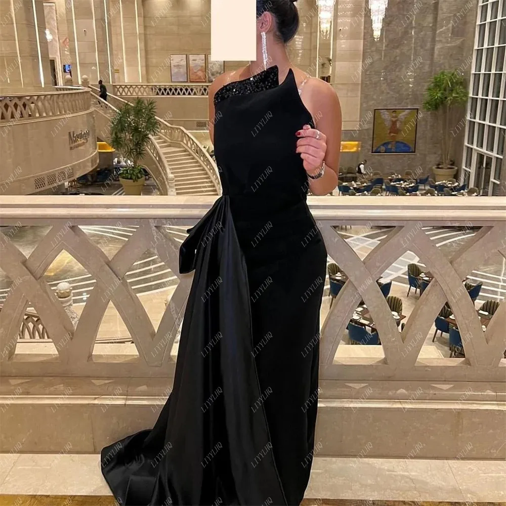 

LIYYLHQ Elegant Black Prom Dresses Long Train Chic Neck A-Line Floor Length Evening Party Gowns Side Split Robes De Soirée