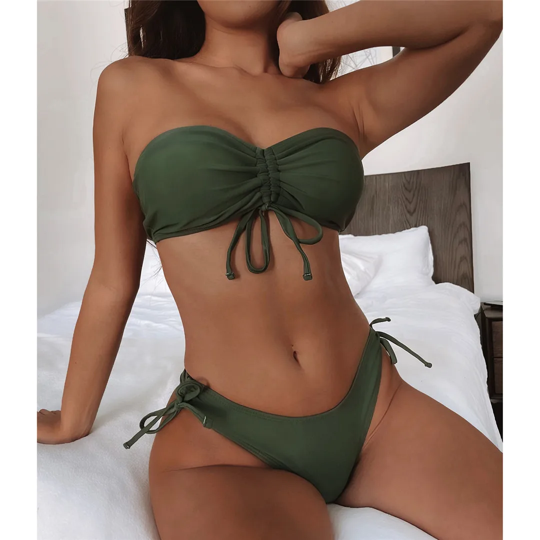 Neuer, verführerischer Bikini mit Schnürung und gerafftem Po, Bandeau-Bikini, Damen-Badeanzug, zweiteiliges Bikini-Set, Badebekleidung, Badeanzug, Modell V3189. – Detail 7