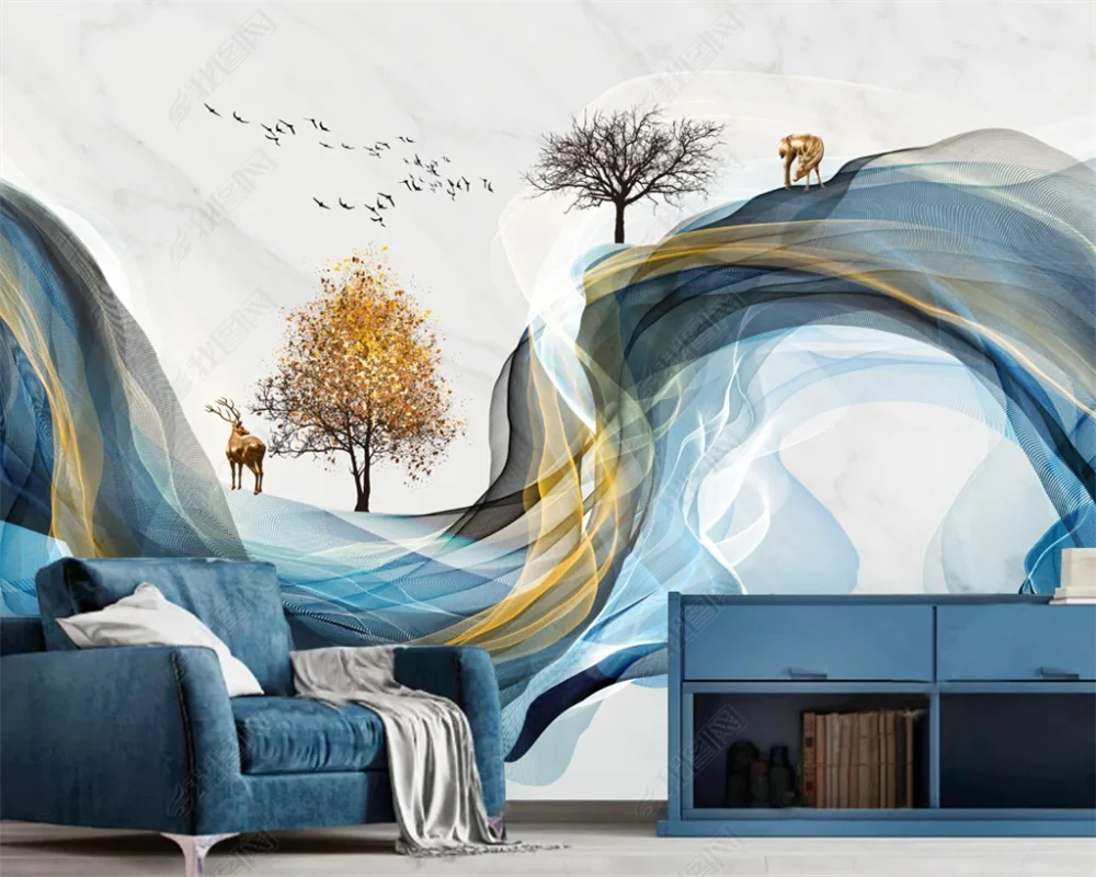 beibehang Nieuwe Chinese stijl handgeschilderde persoonlijkheid behang abstracte lijnen gemarmerd artistieke conceptie landschap behang