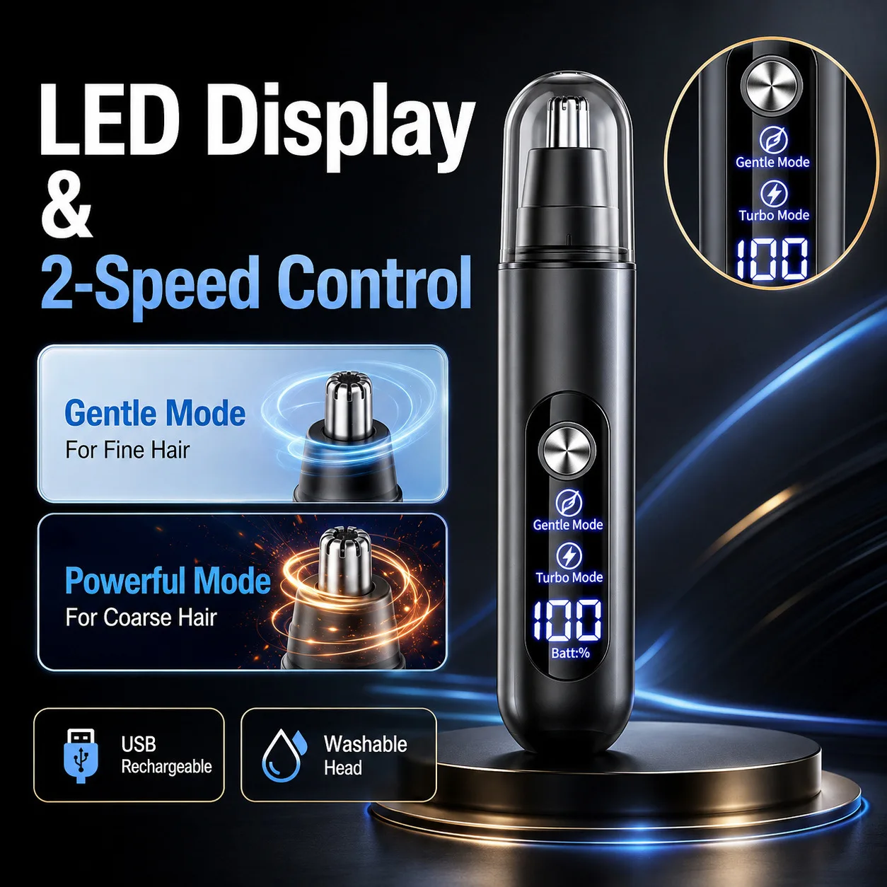 Digital Display Electric Nose Hair Trimmer Dual Speed Mode Type-C Rechargeable Painless Ear Eyebrow Hair Remover for Men Women