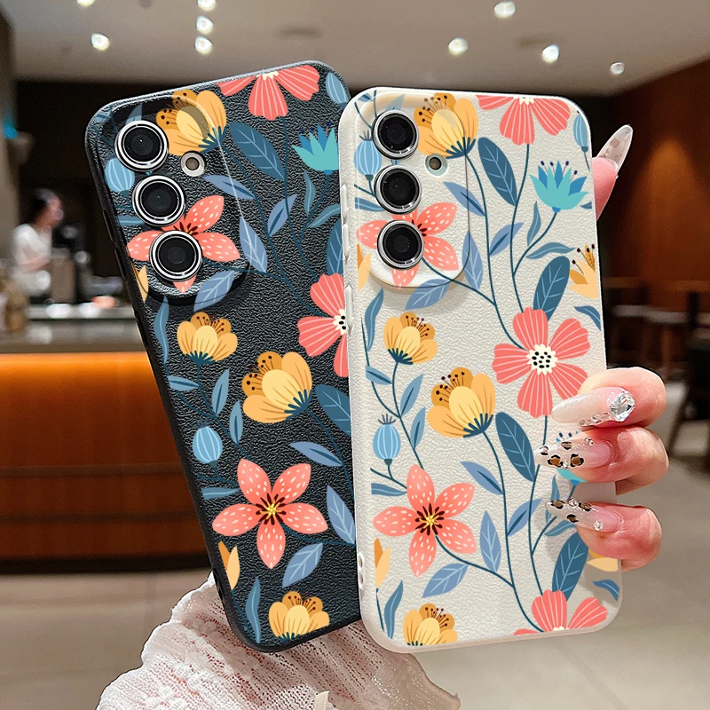 Handmade Flowers Case For Samsung Galaxy A55 A54 A53 A52 A16 A15 A14 A35 A34 A25 5G S20 FE S21 S22 S23 S24 Ultra Leather Texture