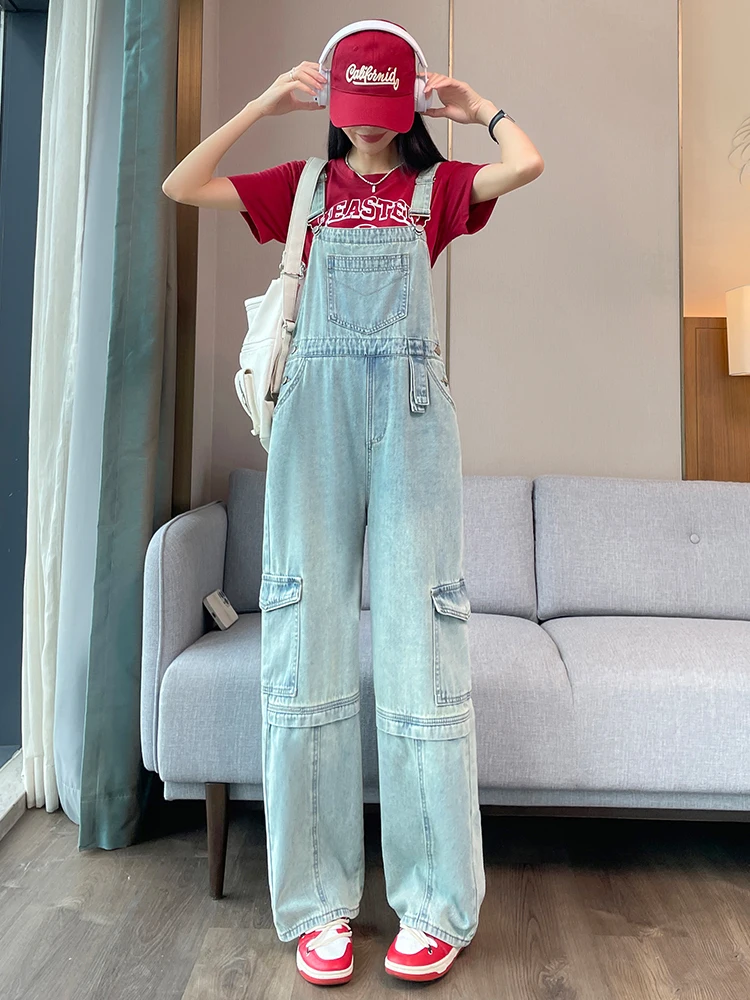 

Джинсовые комбинезоны в стиле ретро, женские свободные прямые брюки, рабочая одежда, весна-осень, Новое поступление, повседневные джинсы с высокой талией