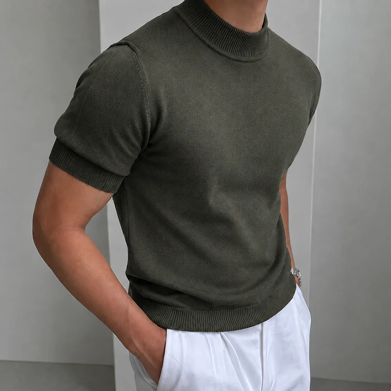 Herren Casual Einfaches Strick-T-Shirt Halbhoher Kragen Weicher Komfort Modisch Einfarbiges Strick-Kurzarm-T-Shirt Mock Neck Pullover – Detail 19