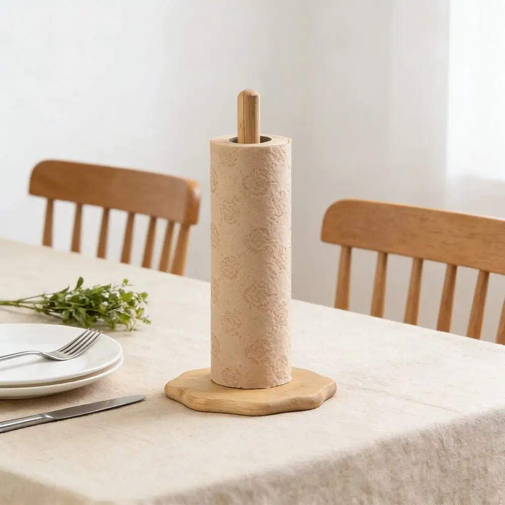 Practical Wooden Paper Towel Holder Plum Blossom Base Double Column Tissue Holder Portable Durable Vertical Stand Kitchen