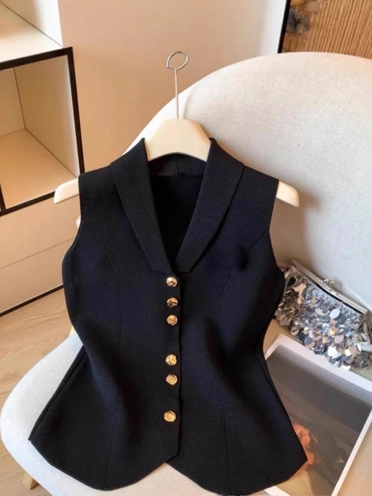 Solid Y2k Turn Fown Collar Tanks 2025 Ropa Mujer Elegant All Match Camisole Women's Clothing Fashion Summer Knitting Korean Vest