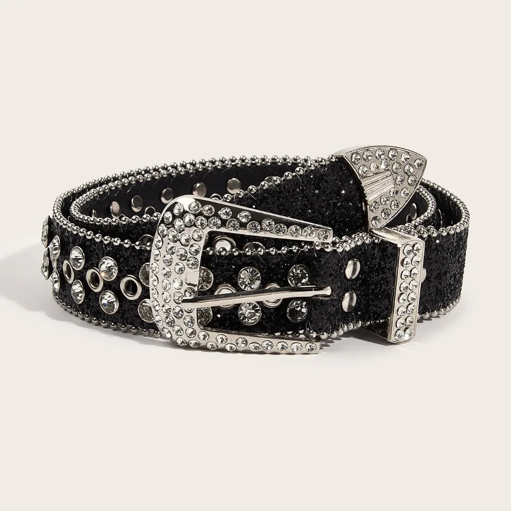 

Retro PU Leather Rhinestone Belts Y2K Silver Blingbling Belt Pin Buckle Fashion Waistband Men