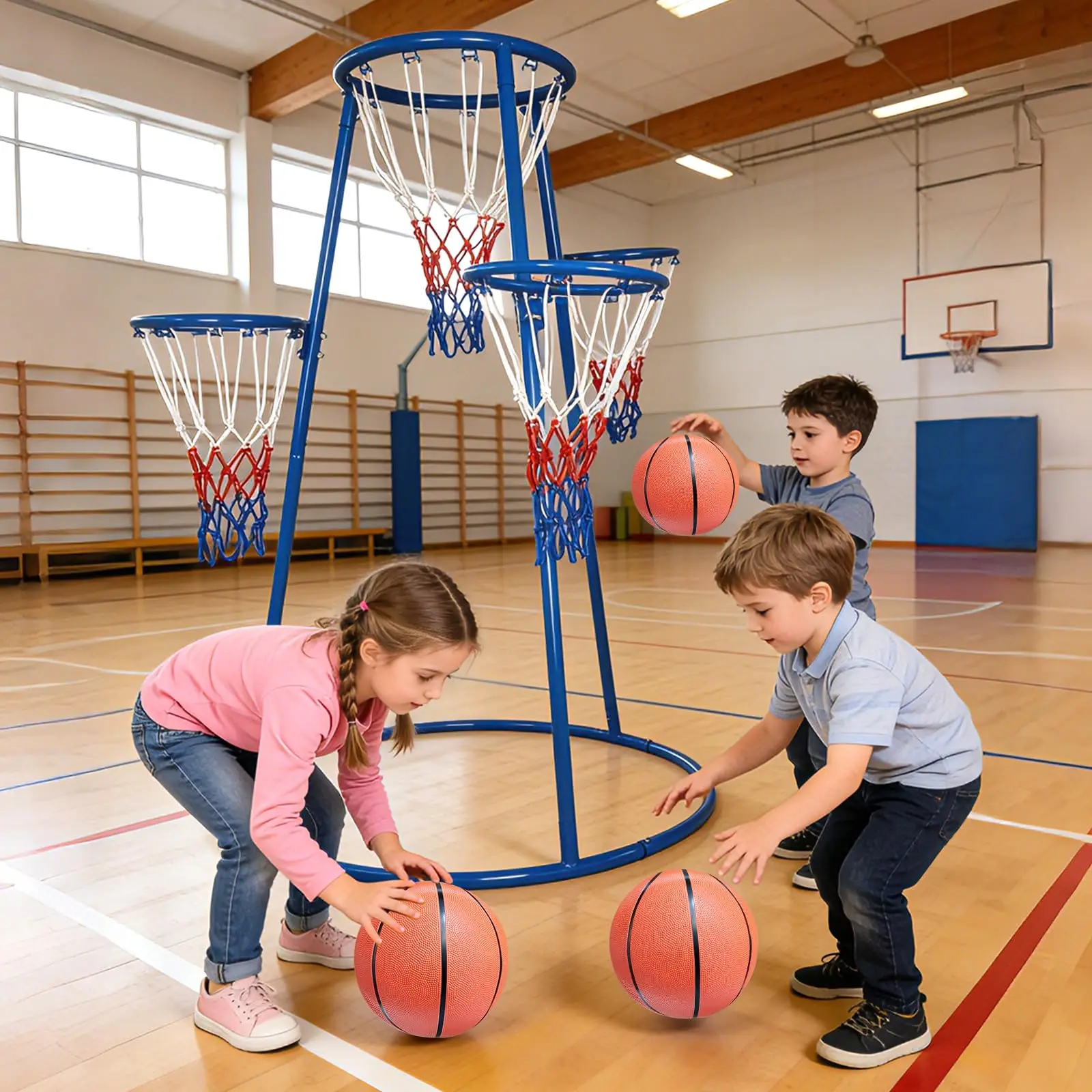 4 Hoop Toddler Basketball Set With 4 Balls & Pump, Multi Height Indoor Outdoor Basketball Goal Toy For Preschool Kids Ages 3+